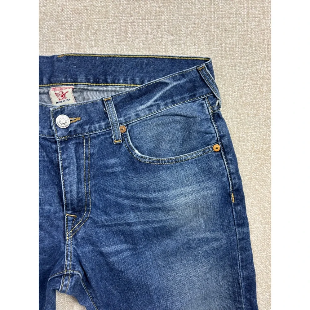 True Religion Mens Blue Denim Cut Off Shorts Size 36 Straight Flap Pocket USA